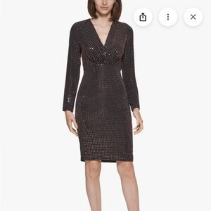 NWT Calvin Klein Black/Copper Glitter Knit Long-Sleeve Dress